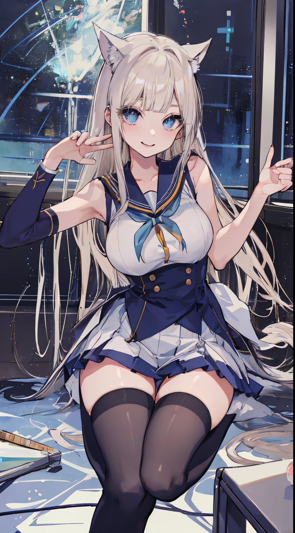 top-quality、realistic touch,high-detail、photoRealstic、Long body、captive beauty、big eye、Colossal tits、Strong platinum blonde eyelashes、platinum-blond、full body Esbian、Sparkling eyes、Submissive smile、Flushed cheeks、Kamimei、thin-waist、Voluptuous thighs、Enraptured look、Raked bangs、The forehead is protruding、Tight sailor uniform、thigh-high socks、sleeveless、Tight and short skirt with a large slit、Inside a school classroom、She isn't not wearing panties、High-waisted skirt