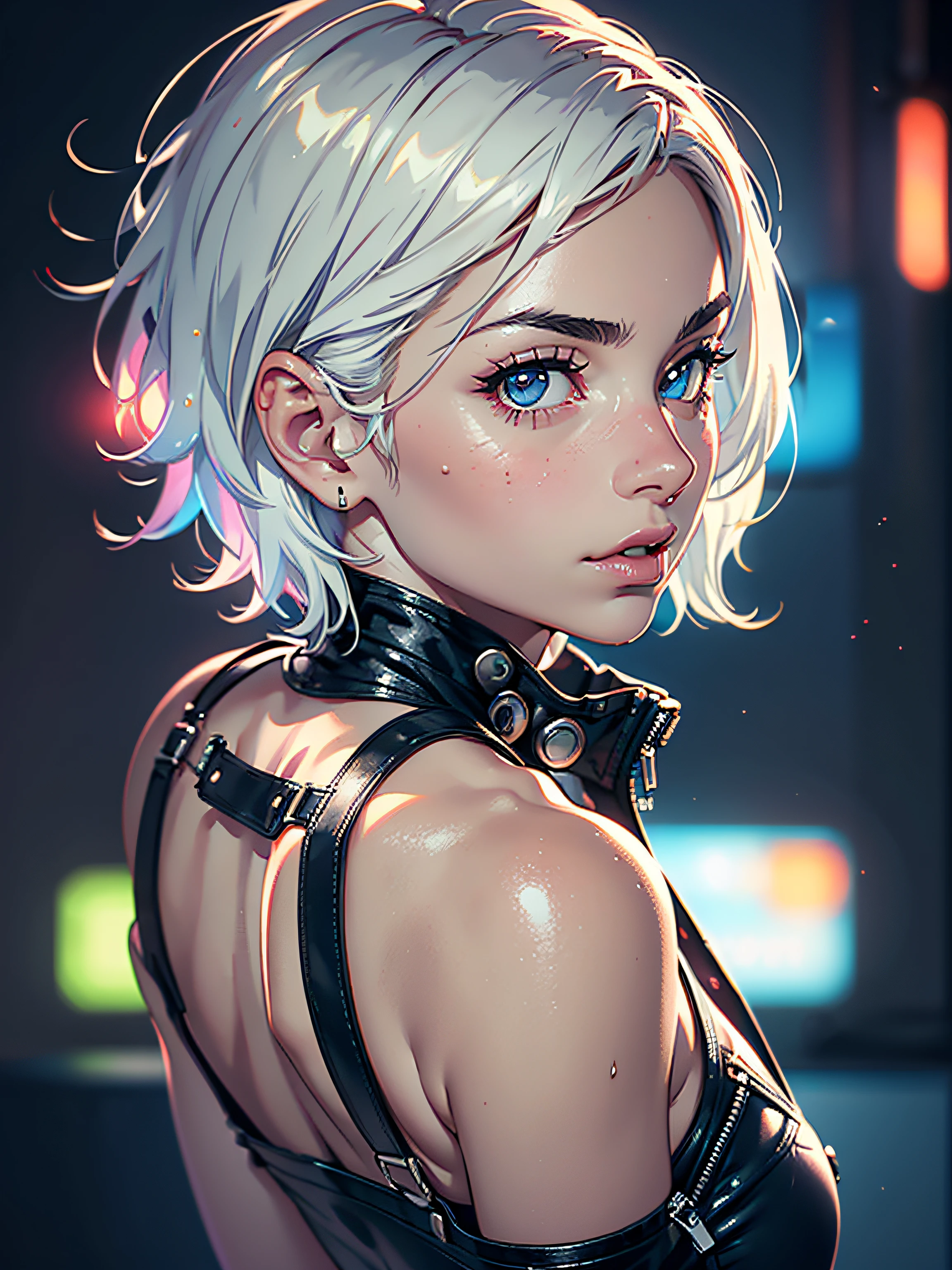 mulher magra e magra 30 anos (Emily Ratajkowski ponto de vista), short hair, cabelos brancos, preenchimento labial, lips sexy, Big Lips, regata preta bem fechada, cyber accessories, jaqueta branca Cyberpunk desabotoada, black cyber leather bodysuit, big black pants, Beautiful, seios pequenos, pose sensual, olho azul, neon lights, Cyberpunk, bumbum pequeno, luz de fundo (ultra high-resolution, fotorrealista, Realistic, best quality, photo-realistic), (8k, Foto RAW, best quality, master part), ((NSFW)), (photon maping, radiosidade, Physically-based rendering, automatic white balance), technological sense, best quality, master part, illustration, CG ,unidade ,papel de parede, Arte Oficial, Amazing, detalhe fino, um extremamente delicado e bonito, extremamente detalhado, altamente detalhado, foco nítido, fundo rico, blurry background, (pessoa real,fotografia), (((pele altamente detalhada, visible pores)))