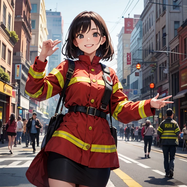 A 25 year's old girl wearing fireman dress, smiling face, looking at viewer