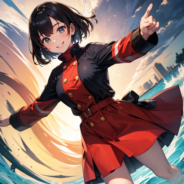 A 25 year's old girl wearing fireman dress, smiling face, looking at viewer