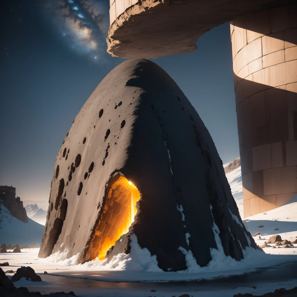 Alien base (The very detailed) in desert mountains,There are several exhaust fans and chimneys, some spotlights shine from the base,Light up dark places at night), There are some clouds in the night sky, Some surrounding planets provide air to unknown planets,The farthest giant volcano erupting