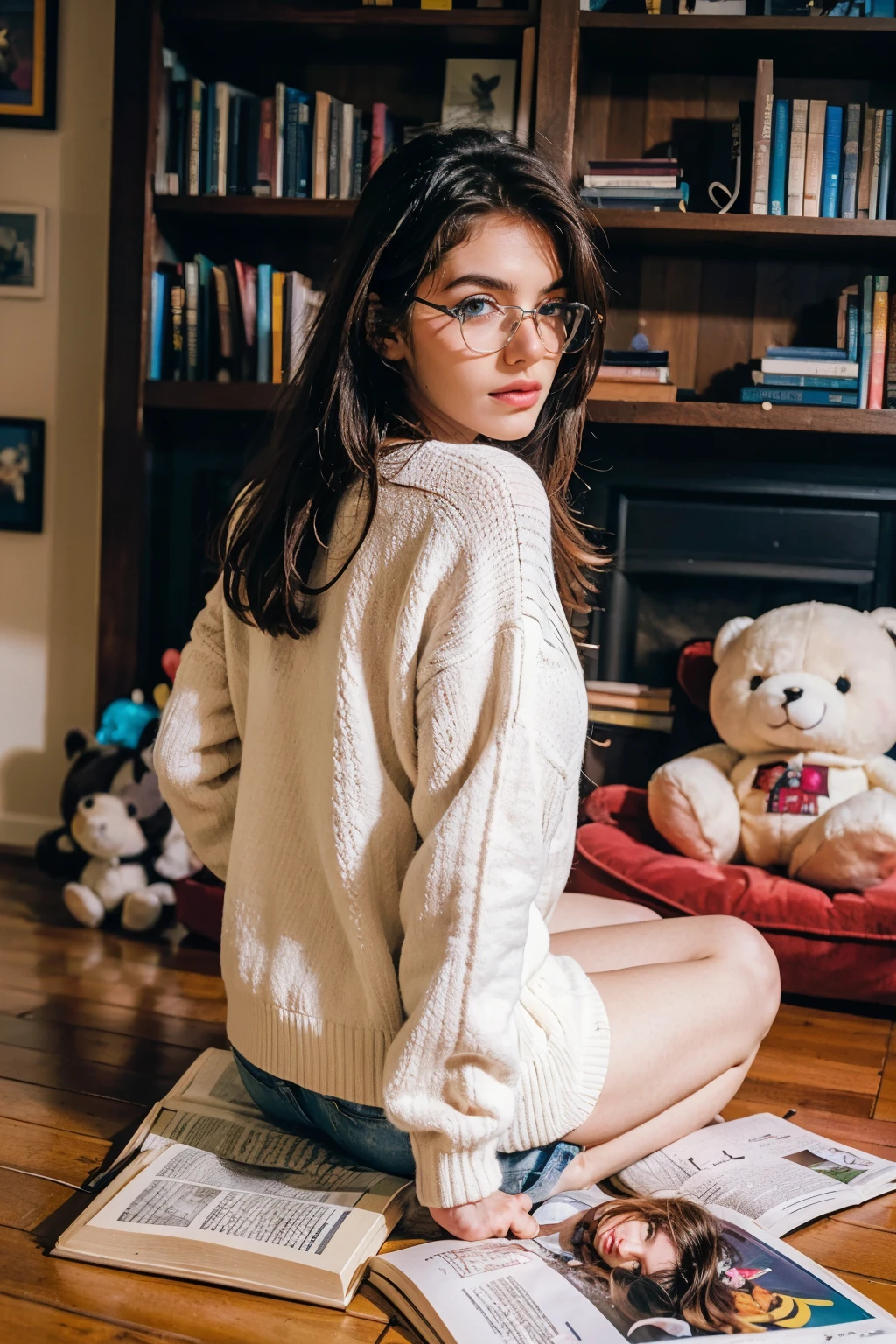 dynamic angle, 32k, raw video, bedroom, (((neon lights))), hyper realistic lights, stunning Gaia Nobile, 18 years old, blue eyes, brown hair, large chest, (((sitting on the floor))), sitting with the (((back up against a white library full of manga, peluches, a little plant))). She wears ((winter confy colored outfit)), reading a manga. Eye glasses, natural look, messy hair