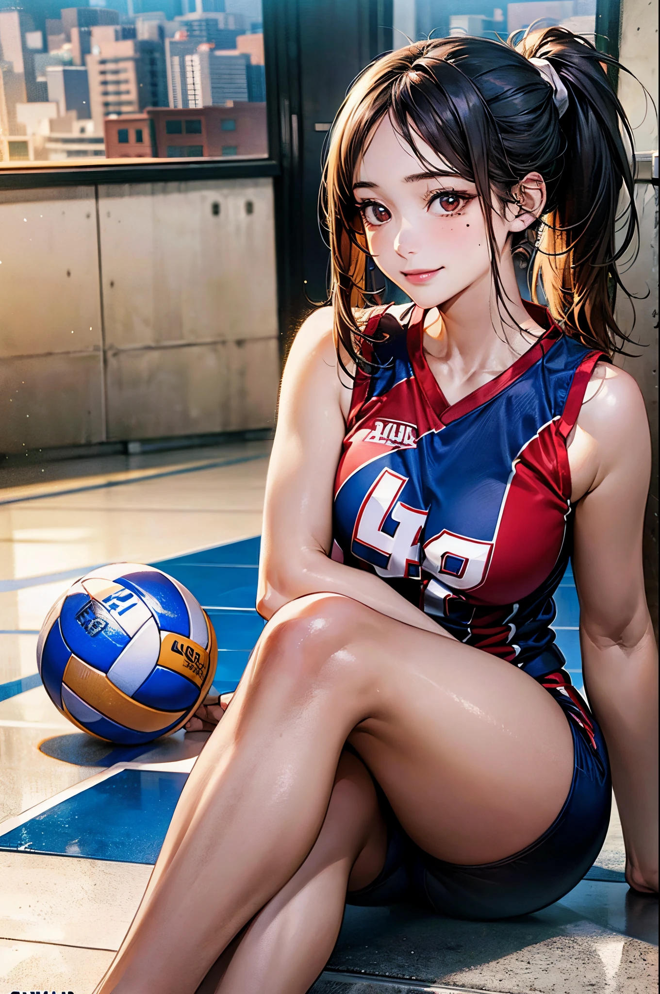 ((((perfect anatomy, super detailed skin)))), 1 girl, japanese, 16 years old, volleyball player, shiny skin, watching the view, 
beautiful hair, beautiful face, beautiful detailed eyes, brown eyeiddle hair:1.4, ponytail:1.5), 
beautiful collarbones, beautiful body, Beautiful breasts, beautiful thighs, beautiful legs, babyface, mole under eye, large breasts:0.5, seductive thighs, cameltoe, 
((symmetrical clothinetallic, sleeveless, volleyball uniform)), 
smile:1.5, one knee, sitting floor, spread leg, 
(beautiful scenery), morning, ((gymnasium), stadiam), 
(8k, top-quality, masterpiece​:1.2, extremely detailed), (photorealistic:1.4), beautiful illustration, natural lighting,