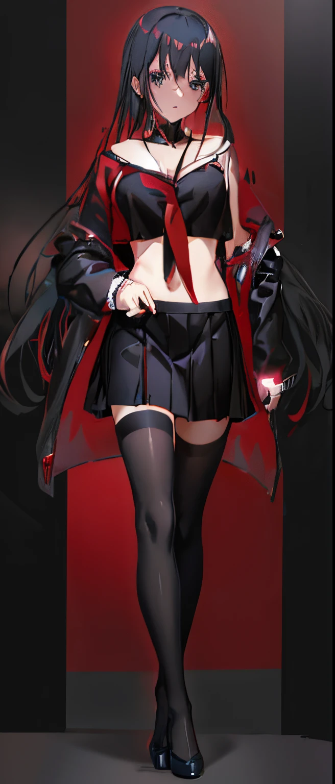Anime girl posing in black dress and red tie, Detailed pubic hair. Girly frontline style, Anime full body illustration, Sick. tall, Anime girl in black dress, Anime cute art style, Anime girls, Sick,Sexual turn,cabelos preto e longolacksilk