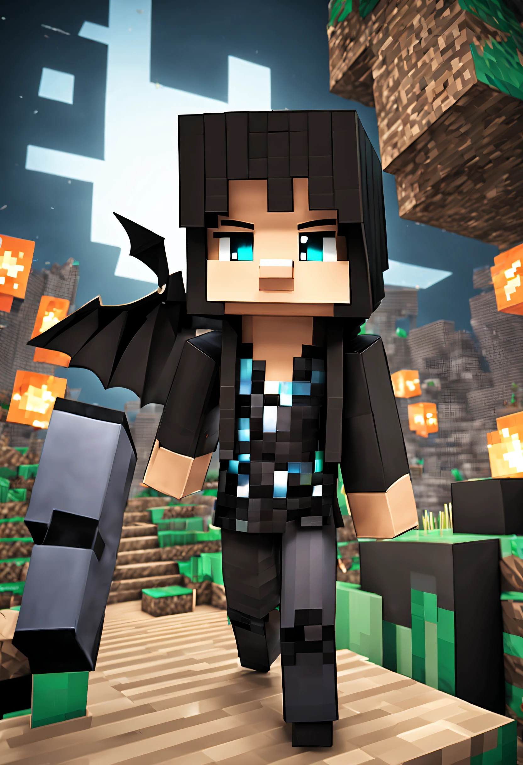 boy in minecraft with long hair in black color posing for a photo with bats flying around pixelated and metal choker 3d rendering of minecraft with a pixelated rendering, dentes de vampiro , cabelo preto grande, estilo do mundo minecraft, dentes de vampiro, fundo castelo de vampiro, mineraft renderizado em segundo plano, muitos detalhes, 3D, 4K, anime, upscale