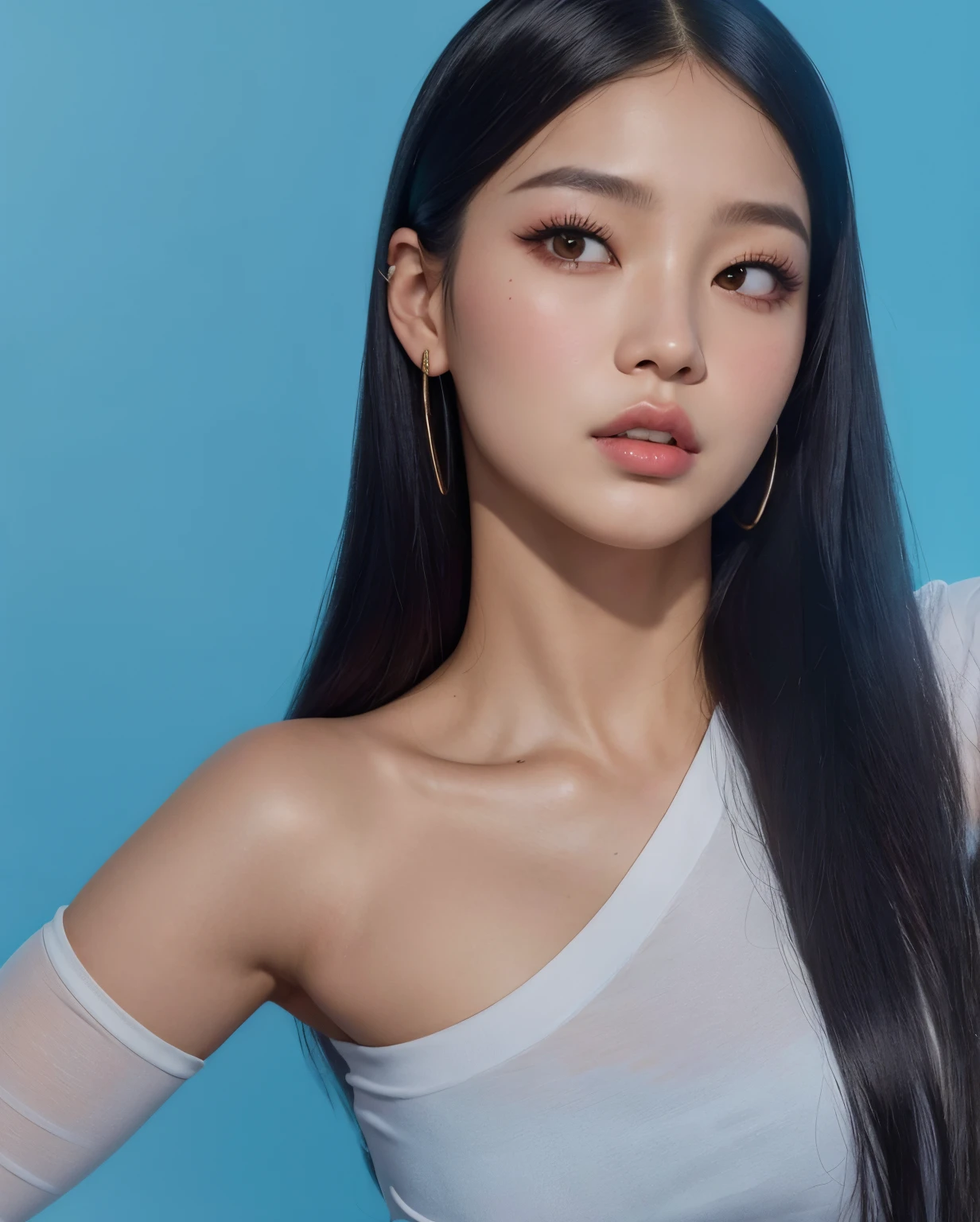 um close up de uma mulher com longos cabelos pretos usando um top branco, linda mulher coreana jovem, Jaeyeon Nam, jennie blackpink, Yanjun Chengt, asian features, Mulher sul-coreana bonita, mulher coreana jovem bonita, Xision Wu, Gongbi, Lulu Chen, Parque Roseanne do Blackpink, a young asian woman, Retrato de Jossi de Blackpink