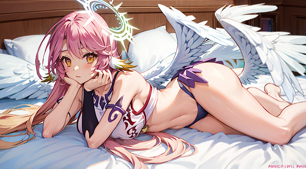 jibril,1girl,side facing,co-sleep,from side,lie down on bed,look at viewer,anatomically correct posture,white wings