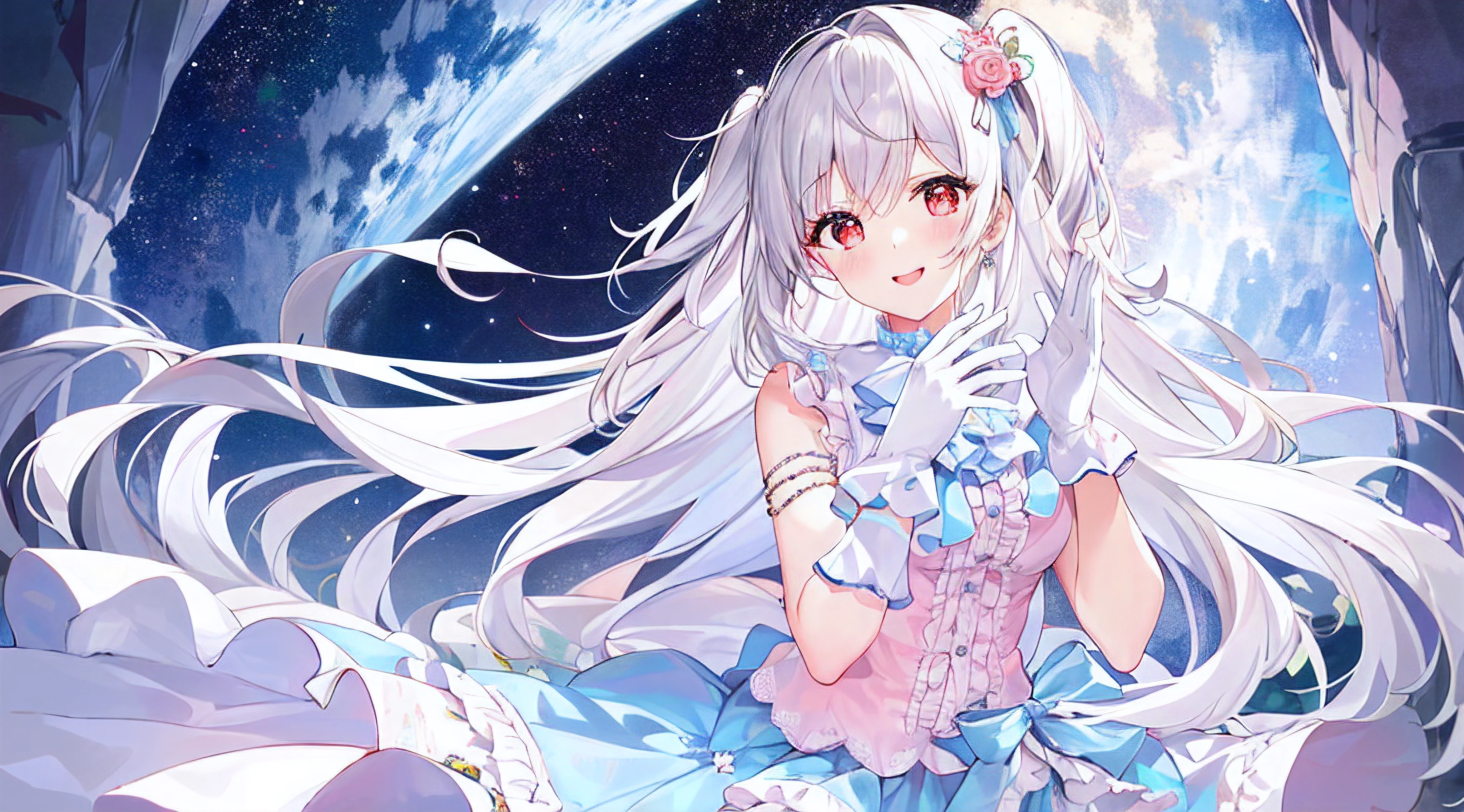 1girl, full body, denim photo, (Rembrandt), illustration, (masterpiece), (best quality), (ultra_detailed), finely detail, (Depth of field), gloves, long hair, star\ (symbol\), looking at viewer, (Silver hair:1.2), red eyes, upper body, hair ornament, :p, frills, pink shirt, smile, sleeveless, shirt, idol, symbol-shaped pupils, hands up, brags smile, sleeveless, shirt, idol, hands up, bangs, side up, arms up, skirt pulling, roaring twenties, isometric, seen from above, sky, flowers, cliffs,