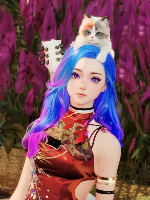 there a woman with blue hair and a cat on her head, inspired by Sim Sa-jeong, seraphine ahri kda, anime style. 8k, second life avatar, ! two tone hair! dye, beautiful young catgirl, inspired by Lü Ji, floralpunk elysian maiden, anime styled 3d, azure. detailed hair