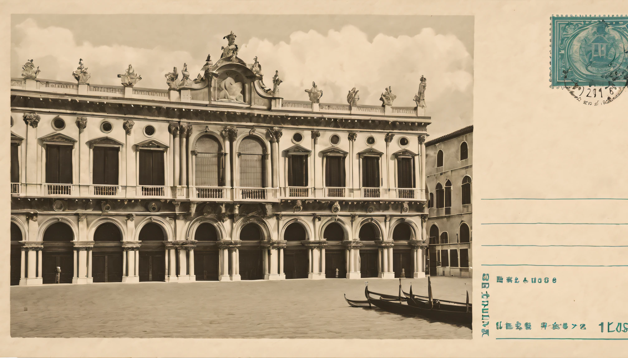 Postal postcard,There a photo of a Venetian palace on the front.Printed wireframe logo with stamp location and recipient address、Name format