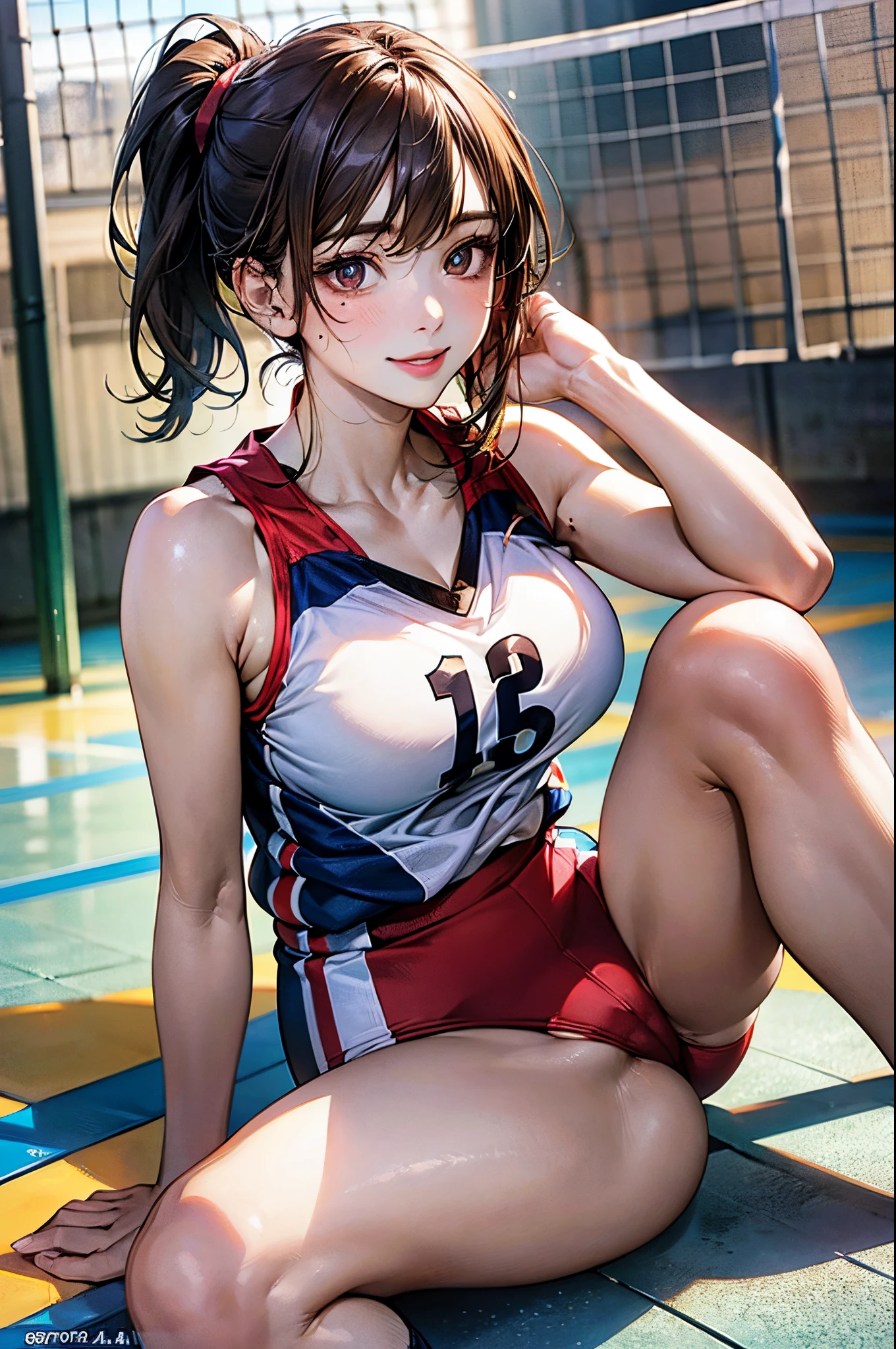 ((((perfect anatomy, super detailed skin)))), 1 girl, japanese, , volleyball player, shiny skin, watching the view,
beautiful hair, beautiful face, beautiful detailed eyes, brown eyeiddle hair:1.4, ponytail:1.5),
beautiful collarbones, beautiful body, Beautiful breasts, beautiful thighs, beautiful legs, babyface, monder eye, large breasts:0.5, seductive thighs, cameltoe,
((symmetrical clothinetallic, sleeveless, volleyball uniform)),
smile:1.5, one knee, sitting floor, spread leg,
(beautiful scenery), morning, ((gymnasium), stadiam),
(8k, top-quality, masterpiece:1.2, extremely detailed), (photorealistic:1.4), beautiful illustration, natural lighting,