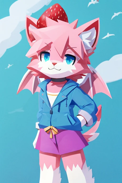 a man with a pink hat that says y2k and has pink and white dragon wings on the back, a low poly render by Kanbun Master, tumblr, furry art, roblox avatar, fursona wearing stylish clothes, white fluffy hair almost covering the eyes, ocean blue colored eyes, white and blue colored headphones with cat ears, white croptop with strawberries as design of the croptop, pink fur with white underbelly, pink fur legs with white paws, , blue jacket tied around the waist, wearing pastel colored bracelets and pink and blue pastel short gloves, male furry mini cute style, oc rendered, generic furry style, high quality topical render, cute render, big , cum, condom, NSFW