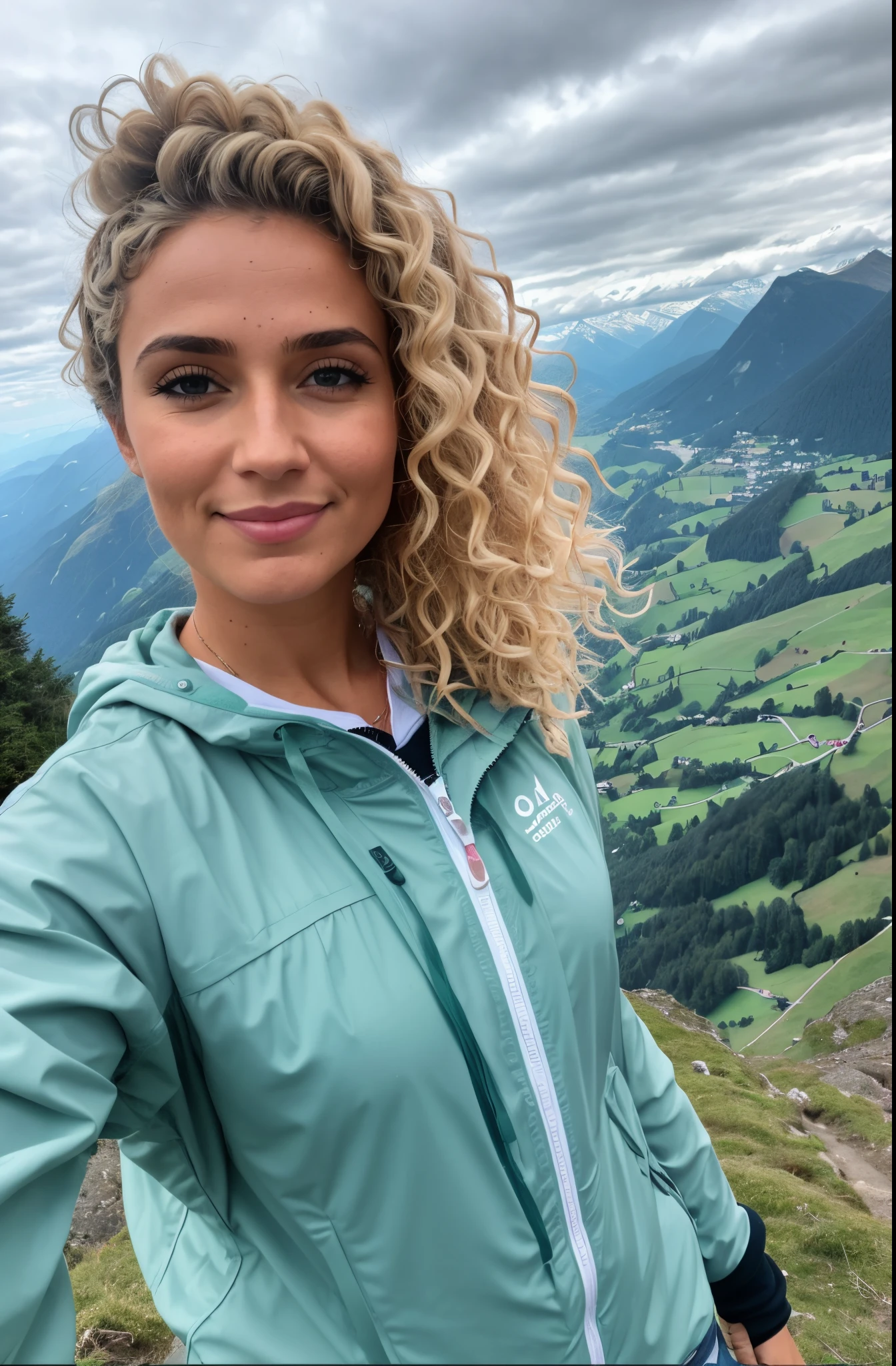 curly woman with blonde curly hair and blue eyes standing on a mountain, inspirado em Ulrika Pasch, uma montanha parece uma mulher, com montanhas ao fundo, com montanhas no fundo, com montanhas como pano de fundo, imagem de perfil, in the swiss alps, em uma montanha, nas montanhas, 🤬 🤮 💕 🎀, nas montanhas