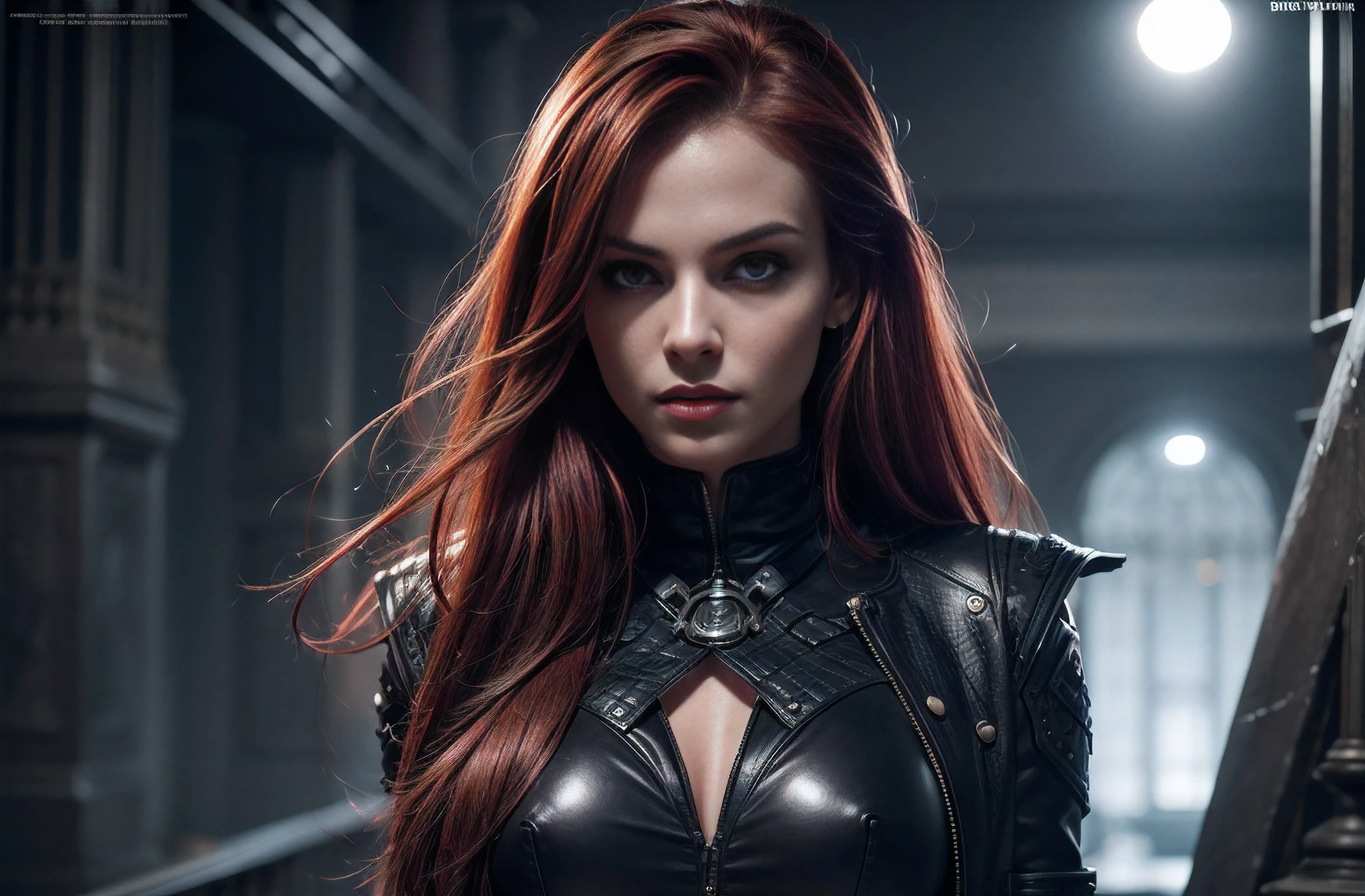 female vampire, Realistic skin,full - body, Smooth soft skin, Symmetrical facial, soft-lighting,highly detail face, Concept art, Digital Painting, ethereal, Epic, 8K, intricate details, sharp-focus, Trending on ArtStation, Sexy Eyes, red hair, twitter #NFSW, Smile, playboy cover, I'I'm going to the camera, muscular, hyper realisitc, Photos of the top model, Punk style