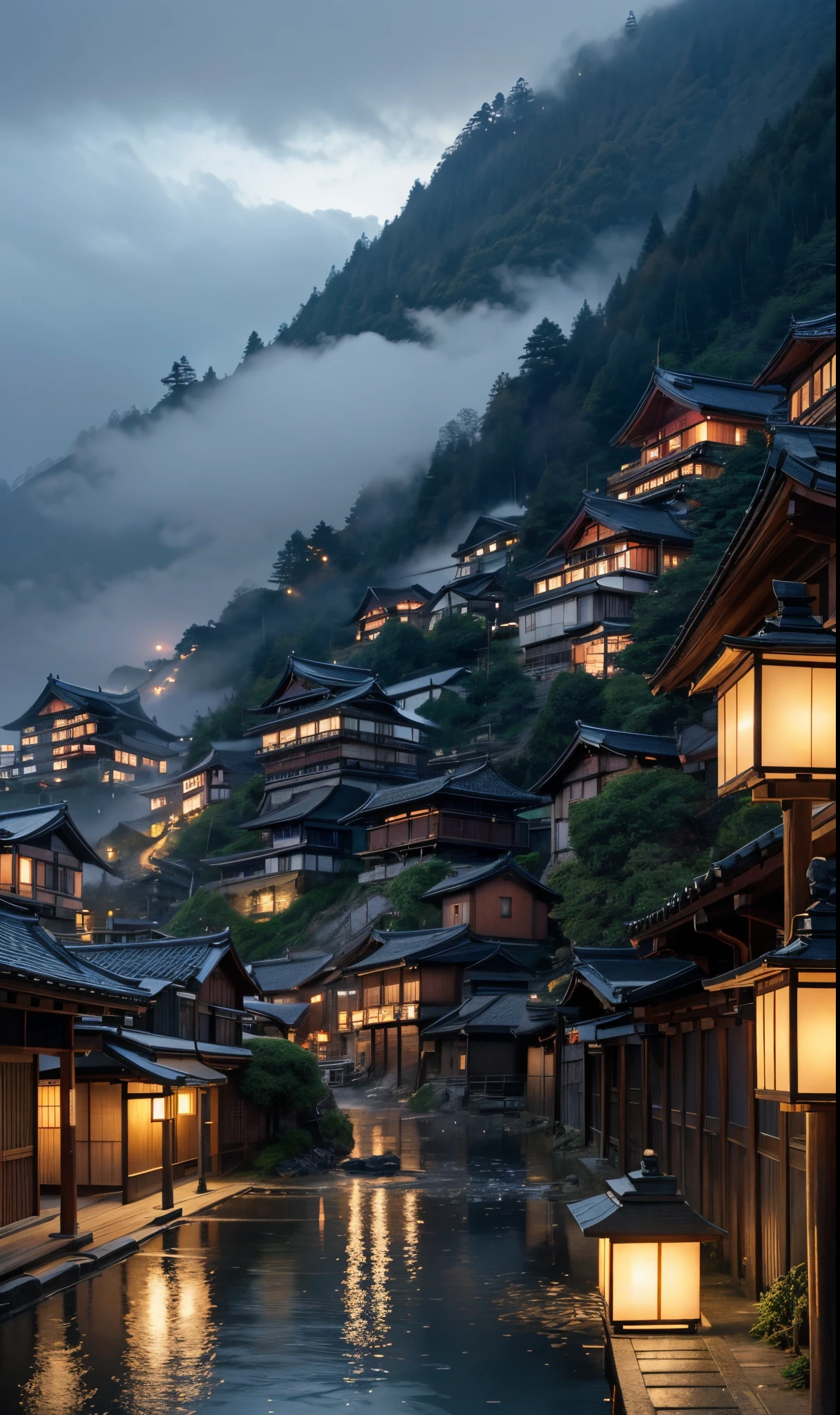 Rough village with many lights on the buildings々Nice view、A dreamy Japan town、Japan Village、amazing wallpapers、hot onsen、Ultra-realistic town photos、By Raymond Han、fog night、beautifully lit buildings、Evening in the rain、Beautifully Aesthetic、a picture、film like、8K、high detal ((Heavy Rain)))