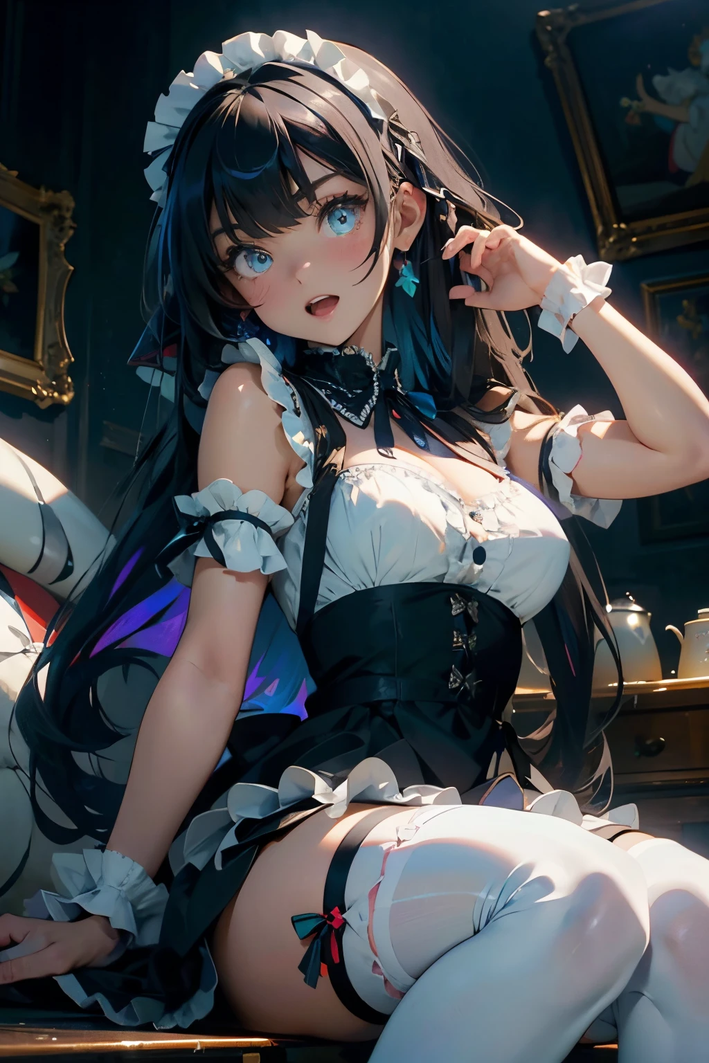 masterpiece, best quality, NSFW, 1girl, blue eyes, detailed facial features, realistic and high resolution (best quality, 4k, 8k, highres, masterpiece:1.2).(two-tone hair, blue hair, black hair), maid