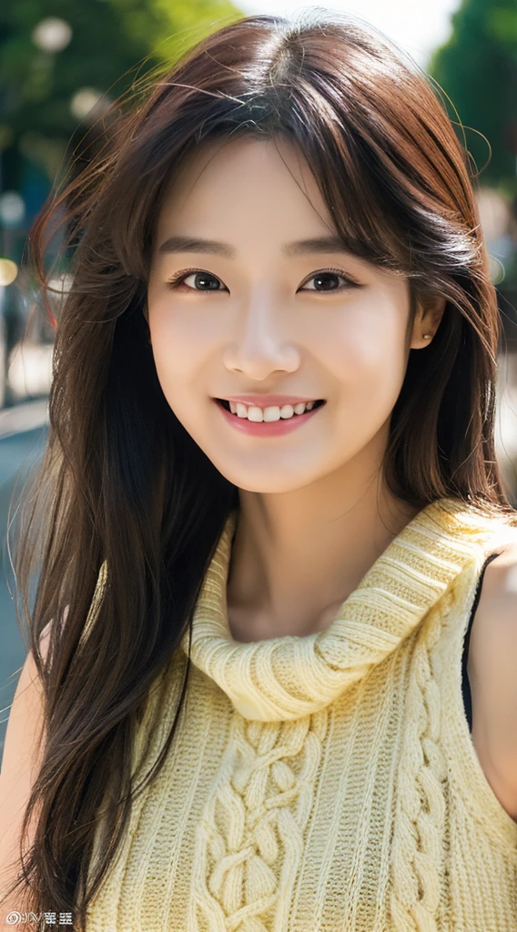 Top image quality、masterpiece、Beautuful Women、japanes、25-years old、In front of the station、(masuter piece:1.3)、(8k、Photorealsitic、RAW Photography、top-quality:1.4)、(1girl)、美丽的面容、(lifelike face)、(A dark-haired、realisticeyes、Beautiful details、(real looking skin)、Sleeveless knitwear、absurderes、enticing、ultra res、A hyper-realistic、high detal、the golden ratio、a smile、dual、Long