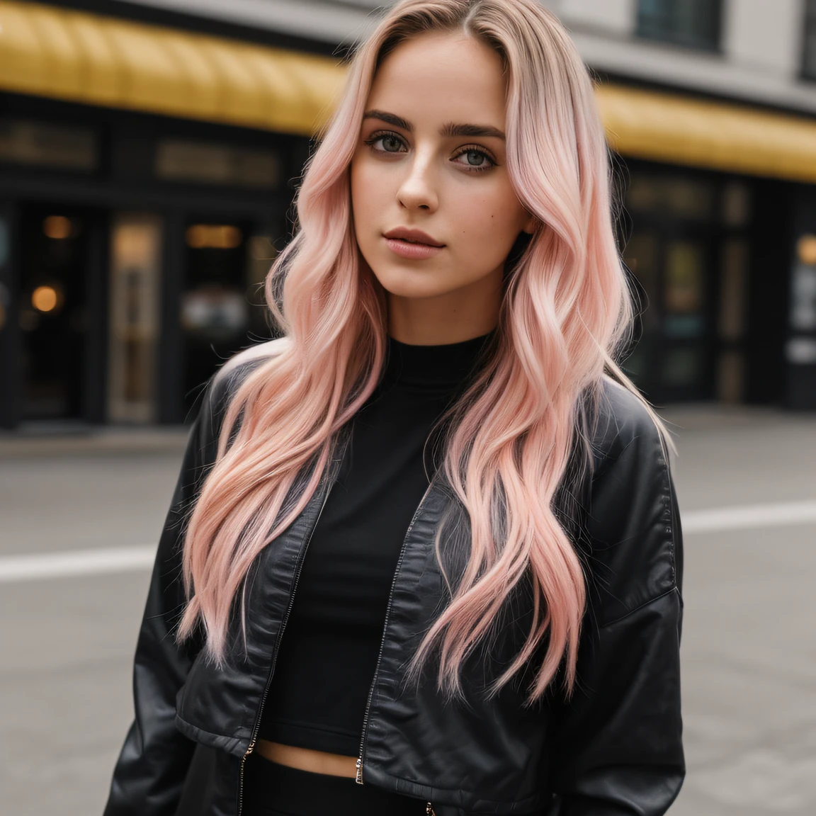 1 pretty young woman near a cinema wearing black jacket and cropped black top BREAK (ombre:1.3) blonde pink BREAK film grain, high quality taken with iphone camera