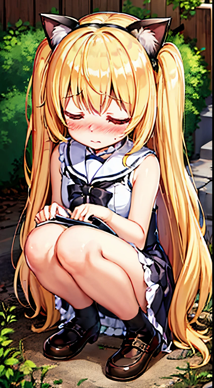 best quality, girl, cat ears, lemon yellow hair, long hair, extra-long sideburns, two side up, squatting, pee, peeing, peeing self, linear pee, looking down, ****ta fashion, sailor collar, sleeveless, [closed eyes: (empty eyes:1.3):11], (blush:1.5), (tears:0.6), outdoors, full body shot, from below