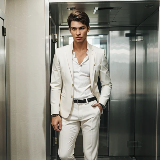 generate male model standing in elevator in hotel. The man is dressed in a white shirt and suit pants and is wearing a watch