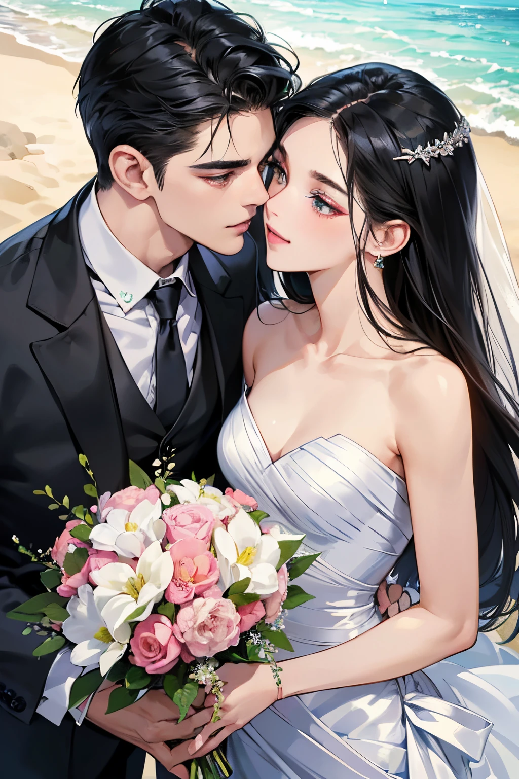(masutepiece, Digital Art, Digital Illustration, 4K, 8K, Ultra-detailed, beautiful image, Sharp Image, Photorealistic, Raw photo, Perfect face, Perfect lines, Perfect eyes, Soft lighting) ,1 woman, (Long Black Hair,straight haired,Bullish gaze,Beautie,ellegance,Solid makeup,23 y-o woman,small tits:1.3),Two handsome men in suits, (ember,well-muscled,Firm shoulder width, Man's,Boyish hairstyle,English gentlemanly style,Man in his 30s with a cool expression,28-year-old man with bright smile:1.2),Show white teeth and smile(embarrassed from,Shy smile:1.1),shores,Beach,beach wedding、innocent smiles,Laugh、couple kissing、kiss、the kiss、Romance、Mermaid Line Wedding Dresses、Wedding、bouquet of beiragnolia