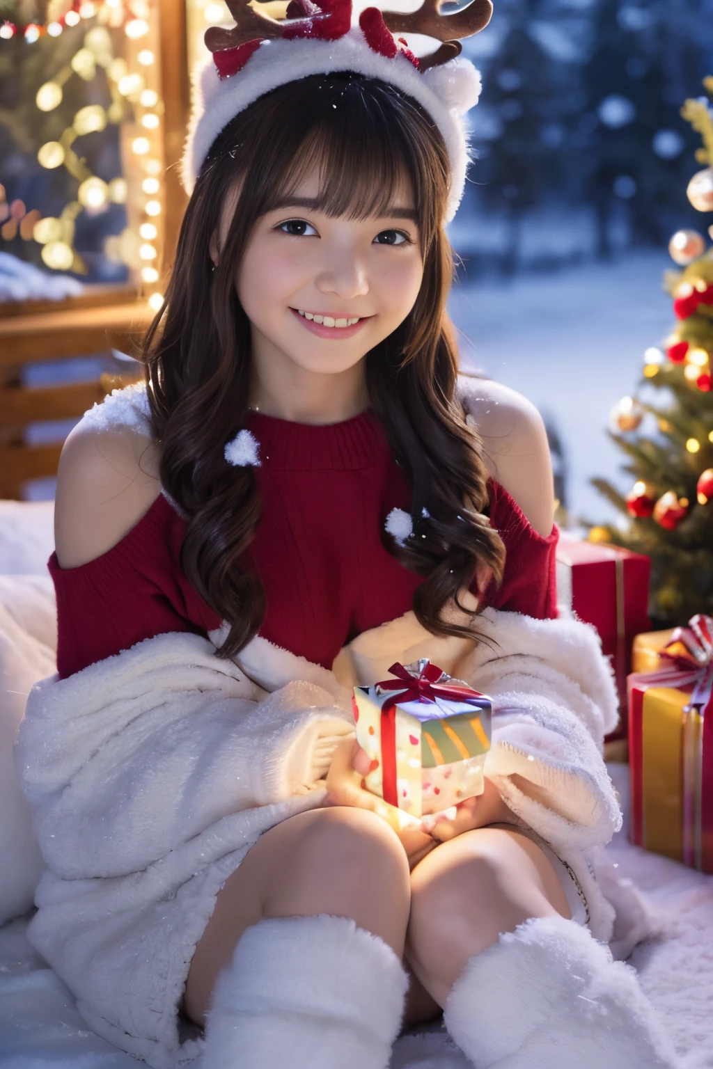 (Best Quality,4K,hight resolution,masutepiece:1.2),Realistic,Christmas,girl (12 years old),Hugging a big teddy bear,santa、a closeup,Snow falling in the background,Winter wonderland,Joyful expression,Magical atmosphere,Soft lighting,Vivid colors,Happiness,laught,Welcoming environment,Warmth,Smiling eyes,Curly hair,Shimmering decoration,Twinkling lights,wrapped present,magic snowflake,christmas tree with ornaments,log cabin,curl up near the fireplace,Peace and quiet,Excitement and anticipation,Snowy landscape,childhood innocence,Enchanted moments,Playful laughter,Upholstered stockings,off shoulders