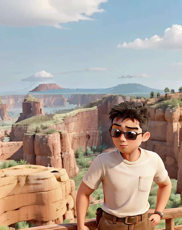 An Araffa man wearing sunglasses stands on a wooden railing overlooking the valley, Damien Tran, Andrew Thomas Huang, Steve Zheng, Ryan Jia, At the top of the Red Rock Canyon, Rick Dye, handsome chad chin, John Jude Palencar, David Luong, Ruben Wu, with mountains as background, handsome male, instagram post, vacation photo