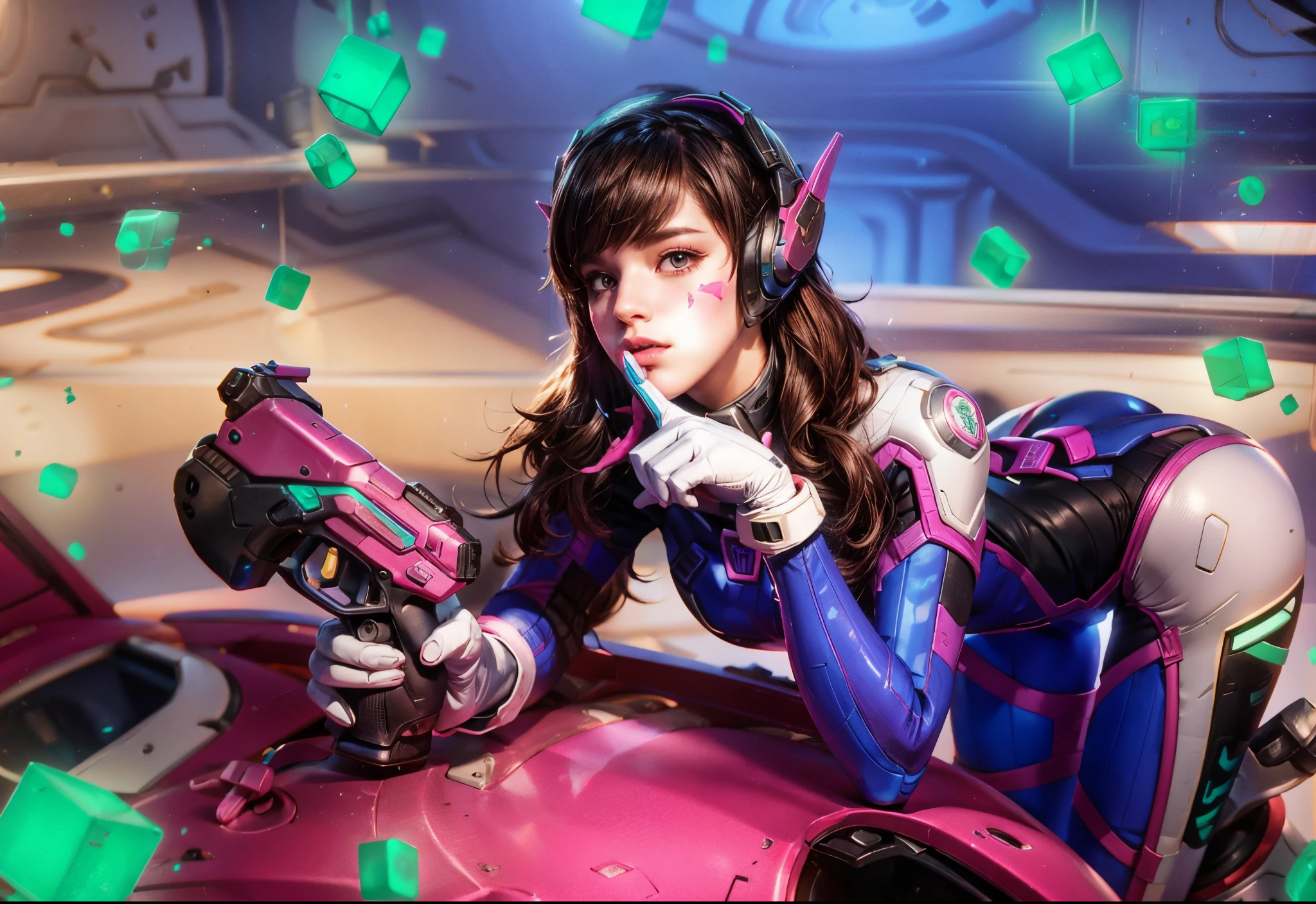 image of d.va from overwatch,holding a gun,blue and white and black with pink detail suit,realistic,photorealistic,good hand,good anatomy hand,portrait,futuristic lighting,ultra-detailed,professional,sharp focus,vivid colors,physically-based rendering,studio lighting,bokeh