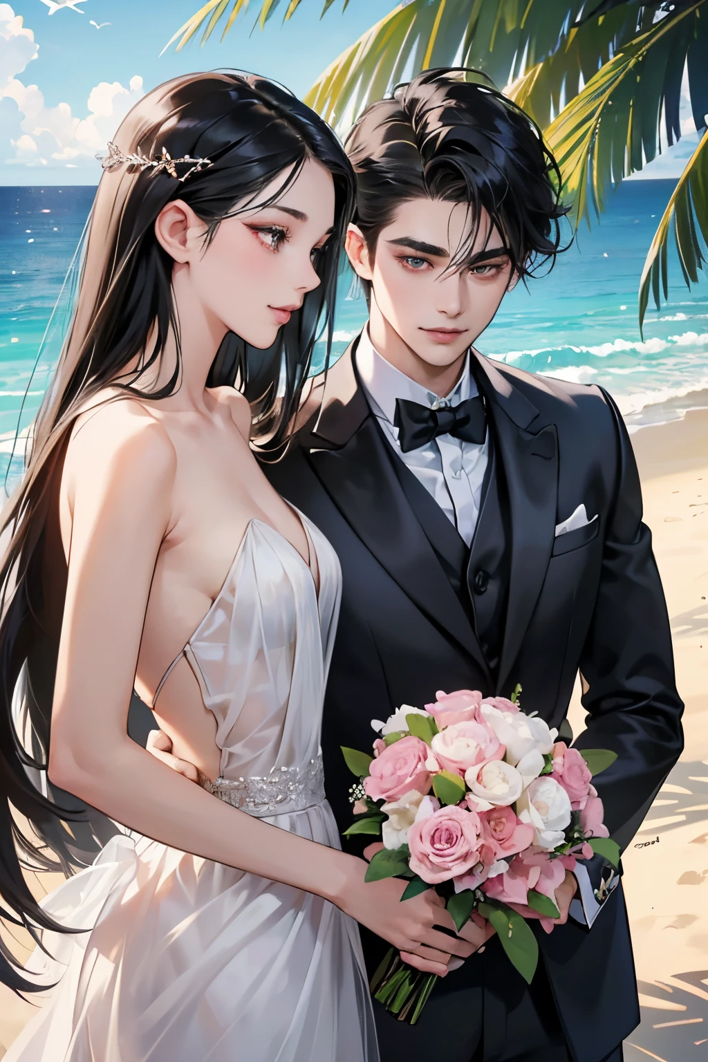 (masutepiece, Digital Art, Digital Illustration, 4K, 8K, Ultra-detailed, beautiful image, Sharp Image, Photorealistic, Raw photo, Perfect face, Perfect lines, Perfect eyes, Soft lighting) ,1 woman, (Long Black Hair,straight haired,Bullish gaze,Beautie,ellegance,Solid makeup,23 y-o woman,small tits:1.3),Two handsome men in suits, (ember,well-muscled,Firm shoulder width, Man's,Boyish hairstyle,English gentlemanly style,Man in his 30s with a cool expression,28-year-old man with bright smile:1.2),Show white teeth and smile(embarrassed from,Shy smile:1.1),shores,Beach,beach wedding、innocent smiles,Laugh、couple kissing、kiss、the kiss、Romance、Mermaid Line Wedding Dresses、Wedding、bouquet of beiragnolia