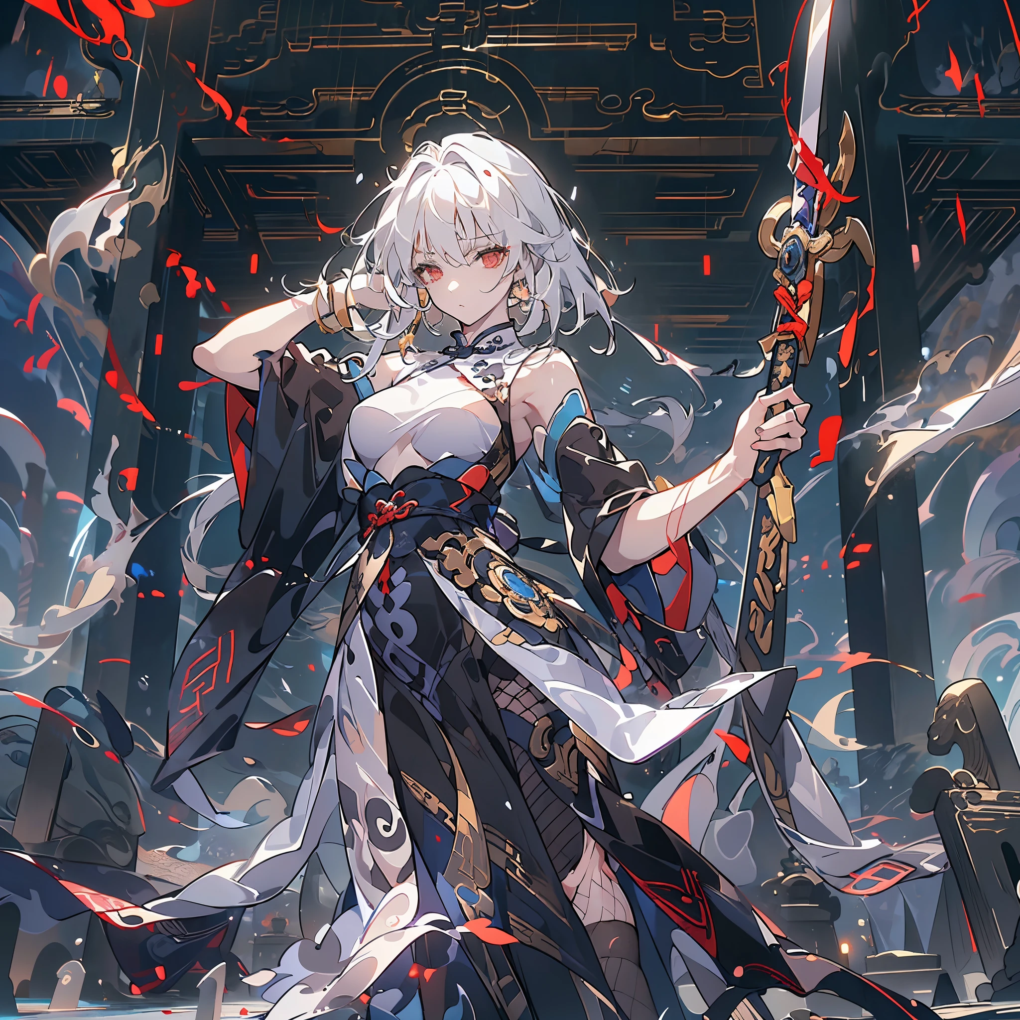 (dynamic angle:1.3, front view:1.1, breast focus:1.3, from below:1.2), (dynamic posing:1.5, sexy posing:1.2, leaning forward), (seductive smiling:1.3),(*K) HD, highest quality, Anime style beutiful woman, 1girl,fullbody, happy, (with sparkling eyes and a contagious smile:1.2), red face, closed mouth, beautiful detailed eyes, super detailed skin, backlighting, bare shoulders, black background, black dress, black gloves, silver hair, breasts, dress, earrings, fingerless gloves, floating hair, floral print, flower, gloves, gold earrings, gold hairband, hair flower, hair ornament, hairband, holding, holding two-hands weapon, jewelry, medium breasts, long hair, looking at viewer, off-shoulder dress, off shoulder,red eyes, short hair with long locks, sidelocks, solo, spikes, thighs, two-sided dress, two-sided fabric, weapon, fighting stance , face, close up, from above, highest quality, high resolution,Real World, Natural light,perfect Natural light,looking at viewer,
