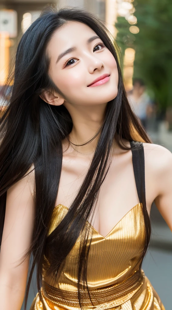 Top image quality、masterpiece、Beautuful Women、japanes、25-years old、In front of the station、(masuter piece:1.3)、(8k、Photorealsitic、RAW Photography、top-quality:1.4)、(1girl)、美丽的面容、(lifelike face)、(A dark-haired、realisticeyes、Beautiful details、(real looking skin)、sleeveless、absurderes、enticing、ultra res、A hyper-realistic、high detal、the golden ratio、a smile、dual、Long