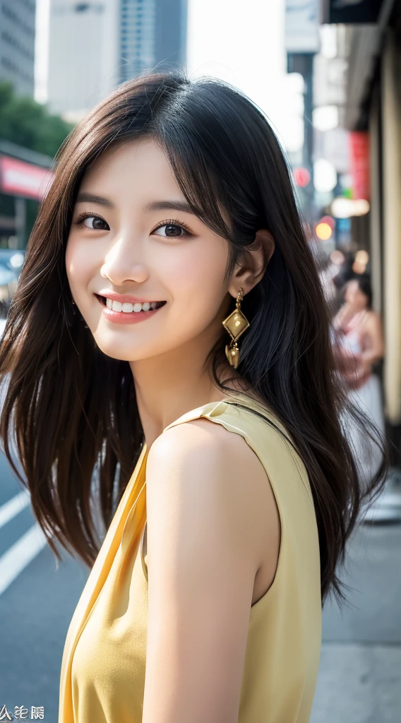 Top image quality、masterpiece、Beautuful Women、japanes、25-years old、In front of the station、(masuter piece:1.3)、(8k、Photorealsitic、RAW Photography、top-quality:1.4)、(1girl)、美丽的面容、(lifelike face)、(A dark-haired、realisticeyes、Beautiful details、(real looking skin)、sleeveless、absurderes、enticing、ultra res、A hyper-realistic、high detal、the golden ratio、a smile、dual、Long