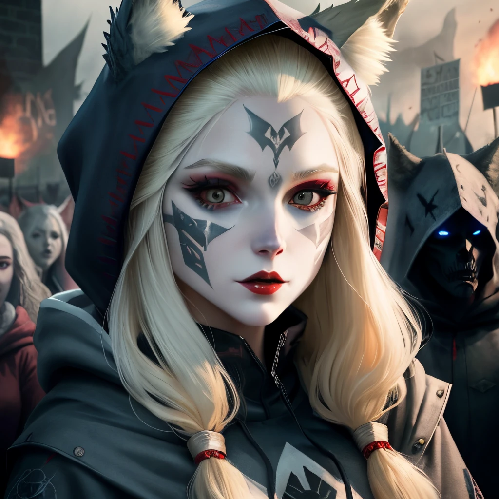 Demon woman fair-haired bob blond pattern on her face hood panic apocalypse fantasy wolf