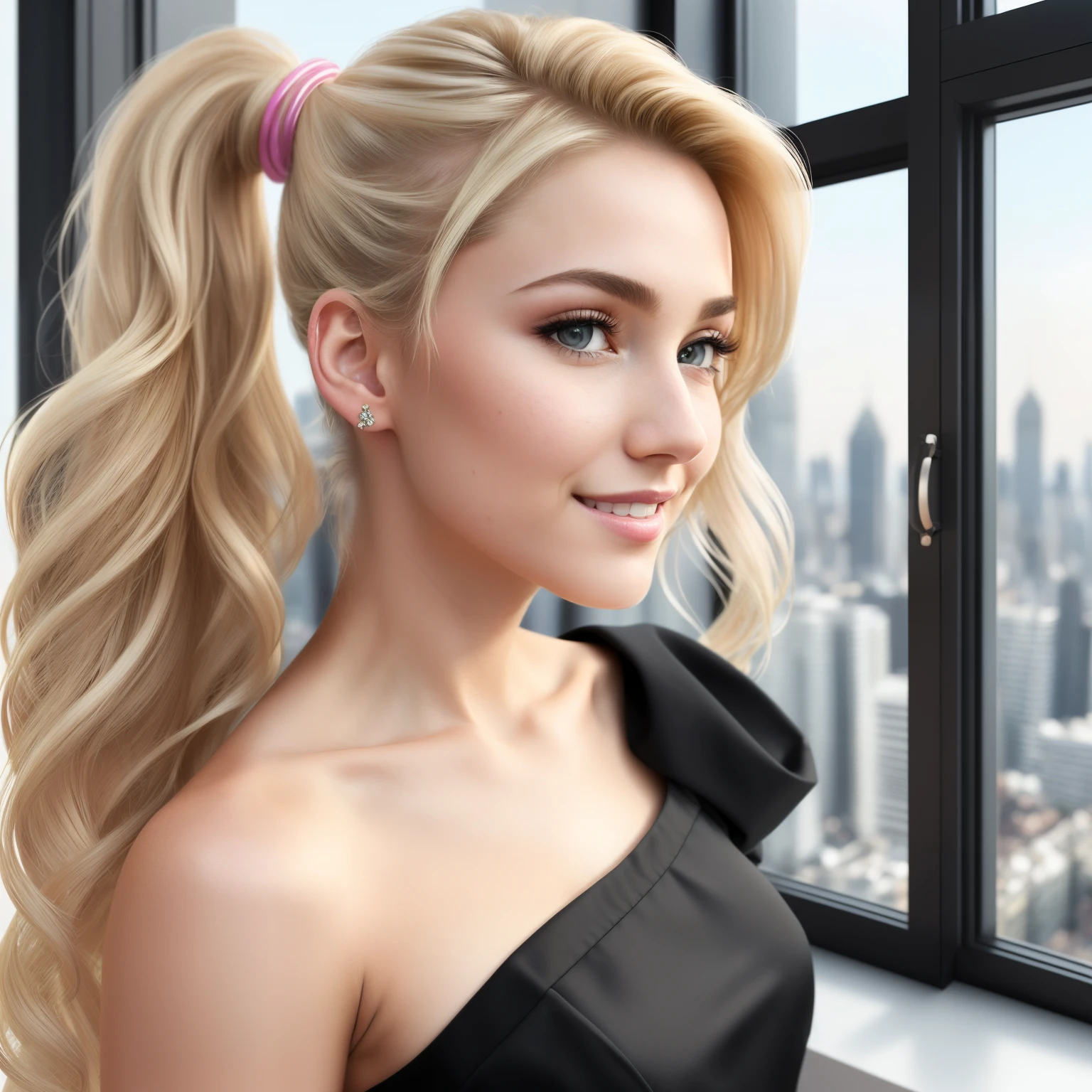 (8k), (best quality), (masterpiece:1.2), (realistic), (photorealistic:1.37), ultra-detailed, 20 years old, Caucasian, strapless Black dress with detached sleeve, mini skirts, detailed face, ((near windows facing city)), (night time), (stands straight), ((perfect female body, skin dentation)), mature female, milf, narrow waist, smile, (full body), sexy legs, blonde | ponytail | wavy, high quality, HDR, 4K, photorealistic, incredible detail of the skin, professional photo