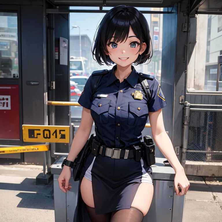 A 25 year's old girl wearing police dress, smiling face, looking at viewer