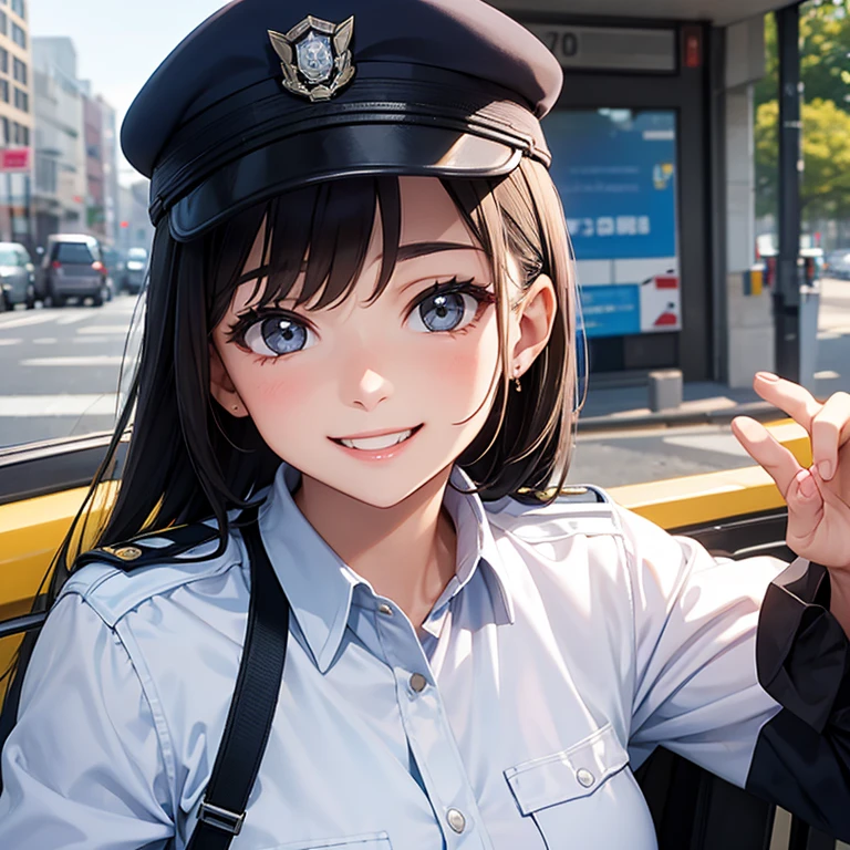 A 25 year's old girl wearing police dress, smiling face, looking at viewer