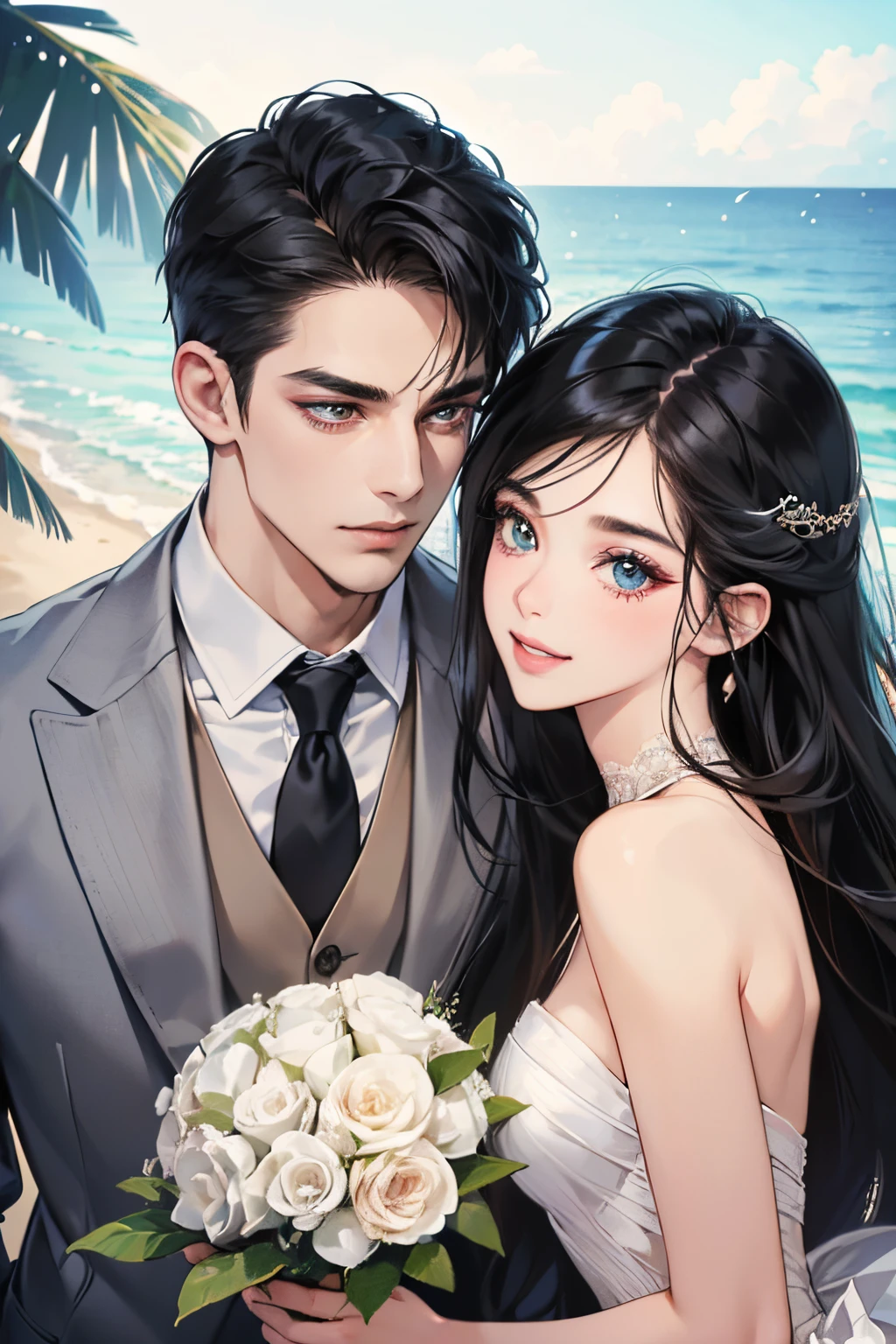 (masutepiece, Digital Art, Digital Illustration, 4K, 8K, Ultra-detailed, beautiful image, Sharp Image, Photorealistic, Raw photo, Perfect face, Perfect lines, Perfect eyes, Soft lighting) ,1 woman, (Long Black Hair,straight haired,Bullish gaze,Beautie,ellegance,Solid makeup,23 y-o woman,small tits:1.3),Two handsome men in suits, (ember,well-muscled,Firm shoulder width, Man's,Boyish hairstyle,English gentlemanly style,Man in his 30s with a cool expression,28-year-old man with bright smile:1.2),Show white teeth and smile(embarrassed from,Shy smile:1.1),shores,Beach,beach wedding、innocent smiles,Laugh、couple kissing、kiss、the kiss、Romance、Mermaid Line Wedding Dresses、Wedding、bouquet of beiragnolia