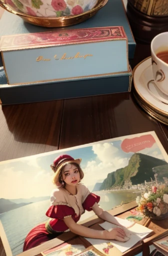 beautiful female collector of postcards at the table, vintage postcard on the table, top view, postcards collection in the boxes