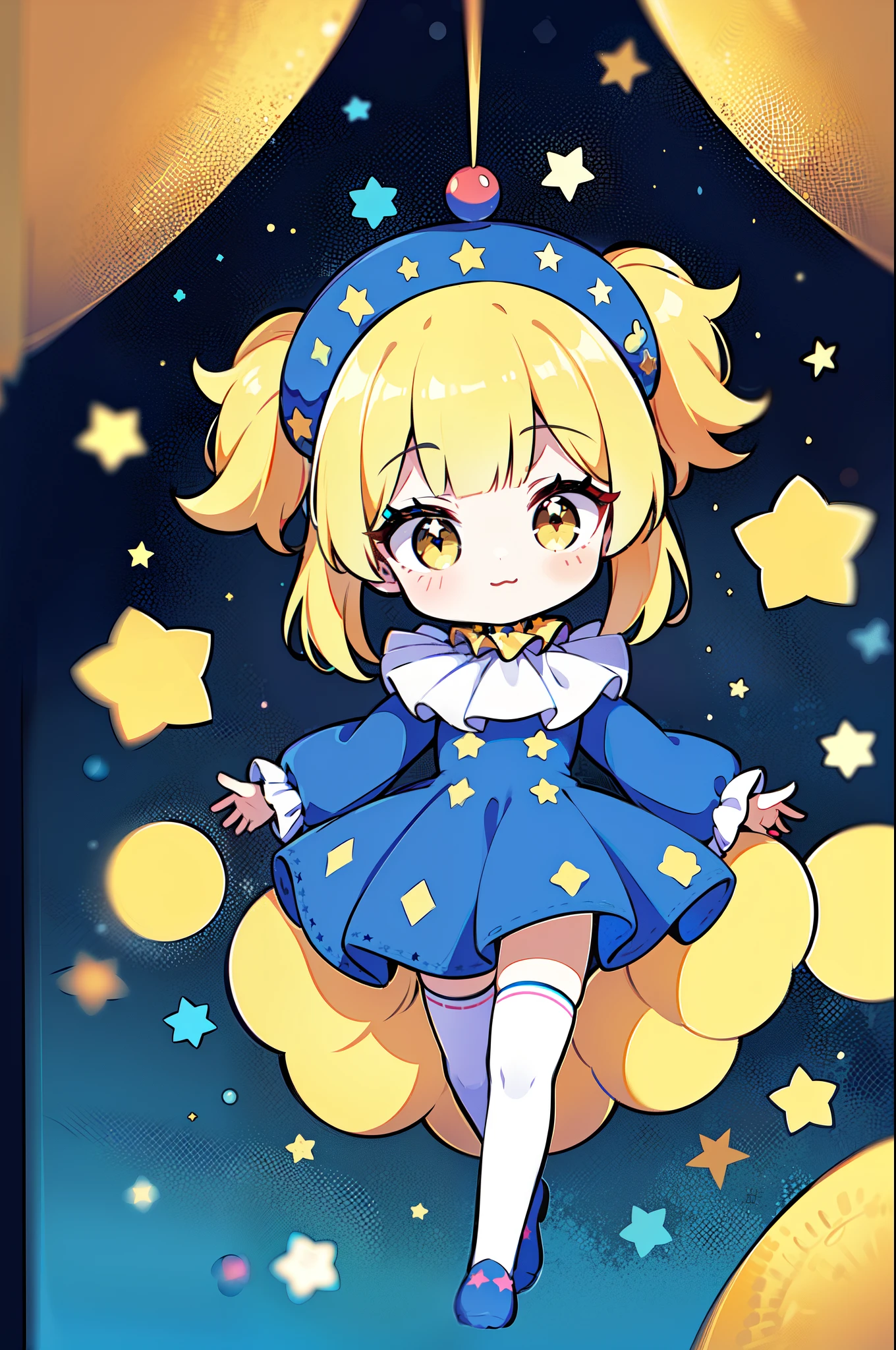 1GIRL, FULLBODY, CLOWN OUTFIT, CIRCUS ATTIRE, STARS, MULTICOLOR, FLUFFY HAIR, MAKEUP Character design sheet of a astronomical clown girl, finely detailed, (best quality), (intricate details), multicolored, ((long blonde hair)), ((hair in pigtails)), best quality, ((short puffy long sleeve clown dress)), ((blue dress with yellow stars)), ((white ruff clown collar)), ((thigh high socks)), ((socks are white with yellow stars)), ((round eyes)), wears a big blue bow on head, beautiful face, cute face, full body, pinup, perfect face, twinkle background