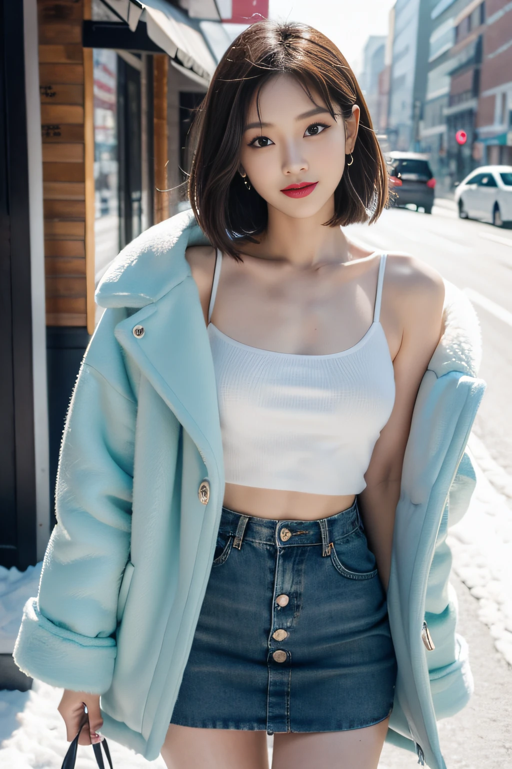 best quality, 4k, 8k, Detailed faces, clear face, a pretty girl, Korean makeup, Red lips,laugh, perfect body,shoulder length straight bob hair,small breasts,thigh,slim,thin, The girl wears a long and wide mint fur coat, Underneath the jacket was shirt and mini skirt, lower abdomen, Snowscape, winter, street,