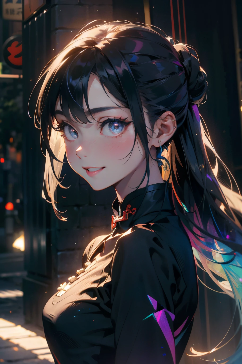 a 20 yo woman、Black blue Hair、poneyTail、Bun hair、Big smile、Iridescent eyes、(hi-top fade:1.3)、dark themed、Muted Tones、Subdued Color、highly contrast、qipao dress、(natural skin textures、Hyper-Realism、Soft light、sharp)