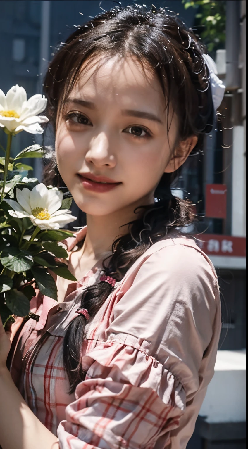 Poetic shots, hazy light and shadow, Beautiful, Melancholic movies, (Cloudy), 1 girl, Blonde hair, pigtails, emotive depth, White dress, blossoms, flower field, rosette, full bloom, ssmile
