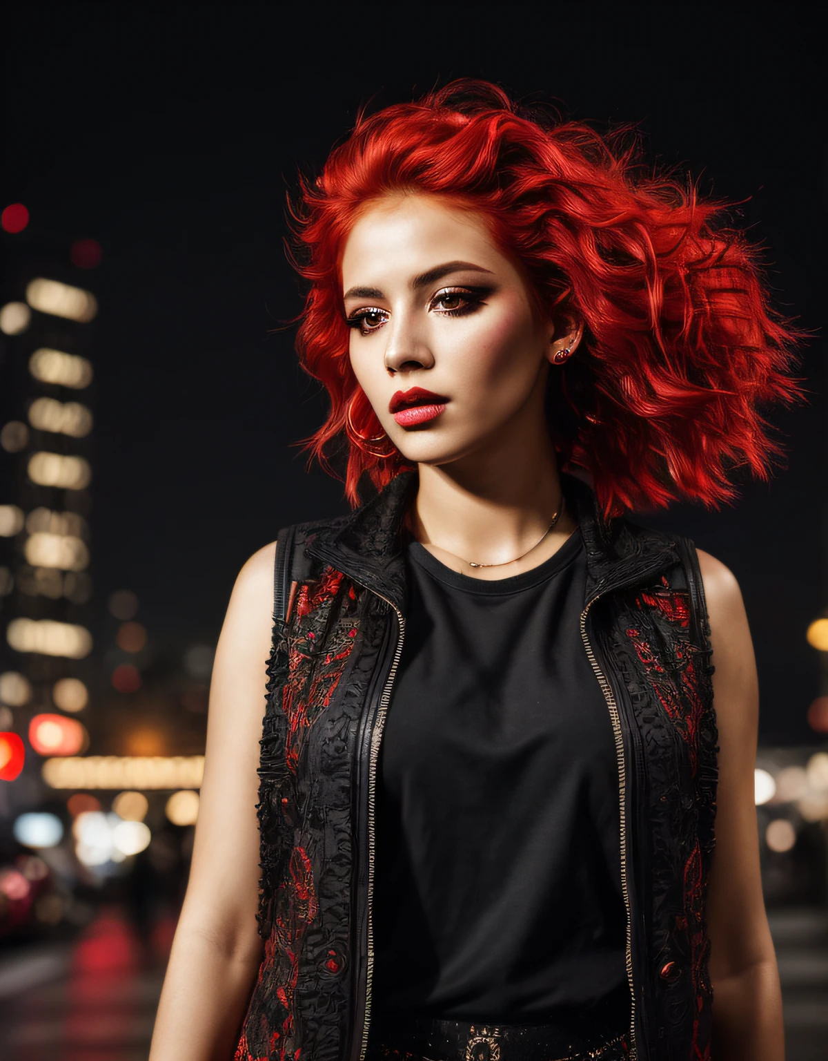 beautiful girl, full body portrait, short bright red disheveled hair, black eyeshadow, (street style wear:1.2), (city background:1.2), dark makeup, digital art, trending on artstation, highly detailed, fine detail, intricate, beautiful detailed glow, detailed, Cinematic light, highres, detailed facial features,sharp focus, smooth, aesthetic,