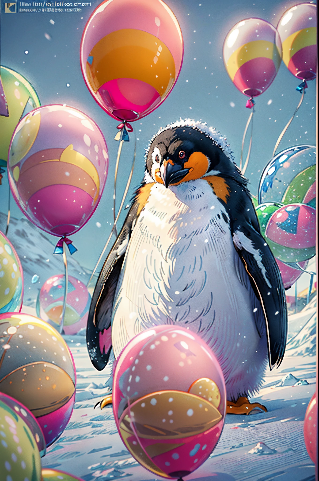 (best quality,4k,8k,highres,masterpiece:1.2),ultra-detailed,(realistic,photorealistic,photo-realistic:1.37),3D rendering,bokeh,penguin,adorable,playful,small balloon penguin,big round eyes,curved beak,bright orange feet,cute,fluffy,wintery scene,snow-covered ground,colorful balloons,tied to the penguin's wings,cheerful,joyful atmosphere,soft lighting,a hint of pink and blue tones,light snowfall,penguins gathering around,an icy pond in the background,reflecting the vibrant colors of the balloons,gentle breeze,top view,vivid colors,crisp details.