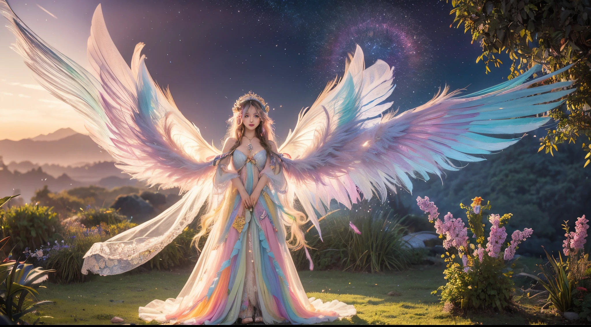 1girl, 23 years old, standing regal with open hands, symmetrical and fractal, multi-color pastel long hair, colorful (1.2), lies in a bird's nest and hatches (1.2), perfect face, sexy linagerie, oil ,  kinky and sexy smile, looking at the viewer, fairy wings, Big fairy wings, multi color pastel feather wings, fairy vibe , background of mystic realm and magic, the particles of magic light with multi color , wind forming particles in seamless fractal pattern, warm light, epic scene , HDR+, extreme detailed ,Nikon D850, masterpiece, devianart, photo-real painting