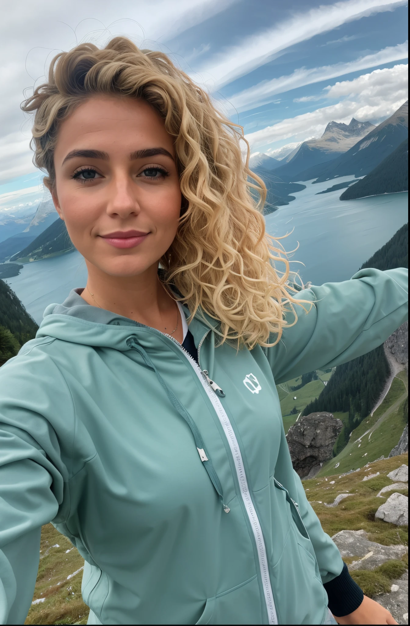 curly woman with curly blonde hair and blue eyes standing on a mountain, inspirado em Ulrika Pasch, uma montanha parece uma mulher, com montanhas ao fundo, com montanhas no fundo, com montanhas como pano de fundo, imagem de perfil, in the swiss alps, em uma montanha, nas montanhas, 🤬 🤮 💕 🎀, nas montanhas