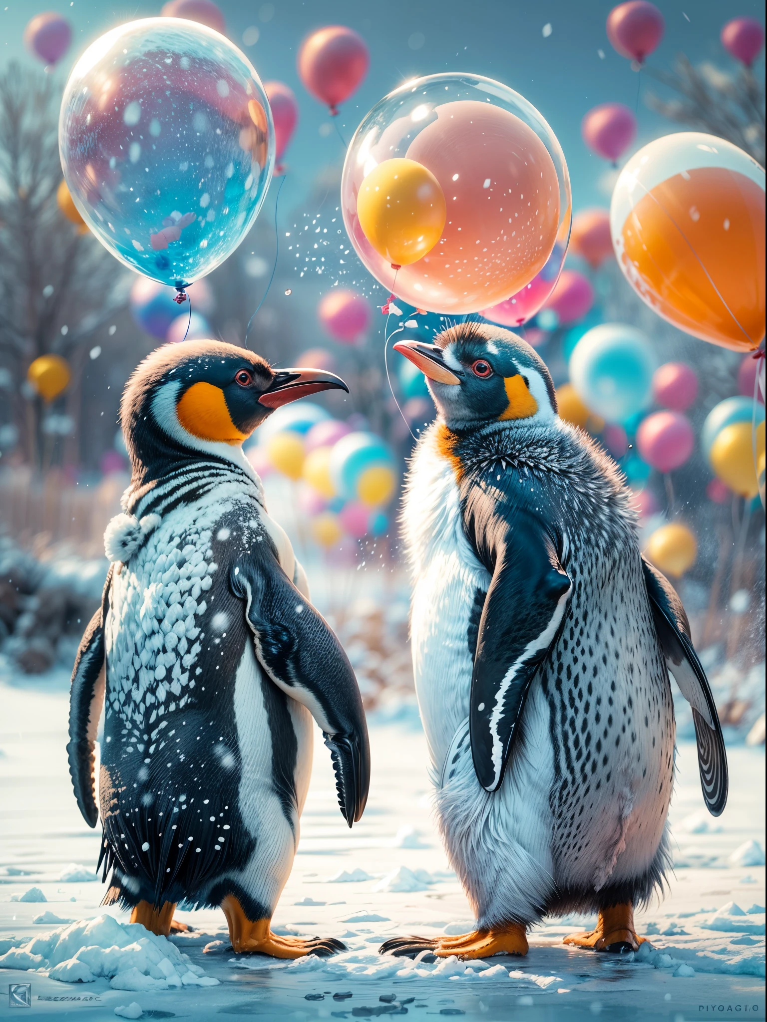 (best quality,4k,8k,highres,masterpiece:1.2),ultra-detailed,(realistic,photorealistic,photo-realistic:1.37),3D rendering,bokeh,penguin,adorable,playful,small balloon penguin,big round eyes,curved beak,bright orange feet,cute,fluffy,wintery scene,snow-covered ground,colorful balloons,tied to the penguin's wings,cheerful,joyful atmosphere,soft lighting,a hint of pink and blue tones,light snowfall,penguins gathering around,an icy pond in the background,reflecting the vibrant colors of the balloons,gentle breeze,top view,vivid colors,crisp details.