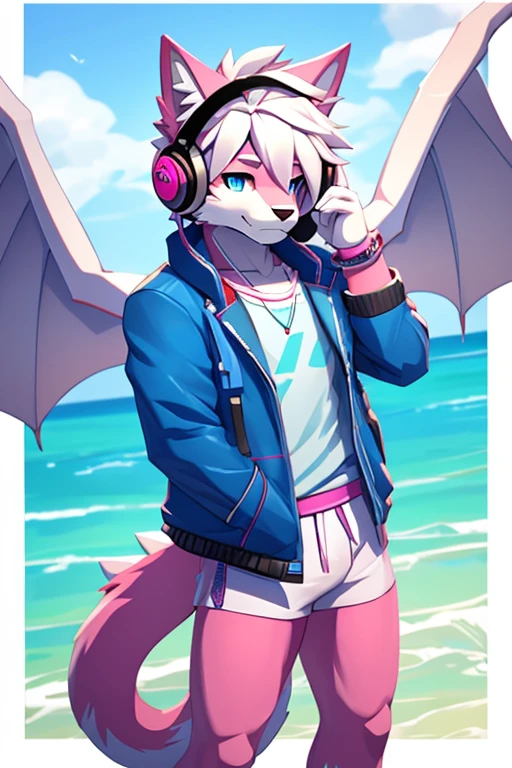 a man with a pink hat that says y2k and has pink and white dragon wings on the back, a low poly render by Kanbun Master, tumblr, furry art, roblox avatar, fursona wearing stylish clothes, white fluffy hair almost covering the eyes, ocean blue colored eyes, white and blue colored headphones with cat ears, white croptop with design, pink fur with white underbelly, pink fur legs with white paws, , blue jacket tied around the waist, wearing pastel colored bracelets and pink and blue pastel short gloves, has no lower clothing, muscular, male furry style, oc rendered, generic furry style, high quality topical render, realistic render shading