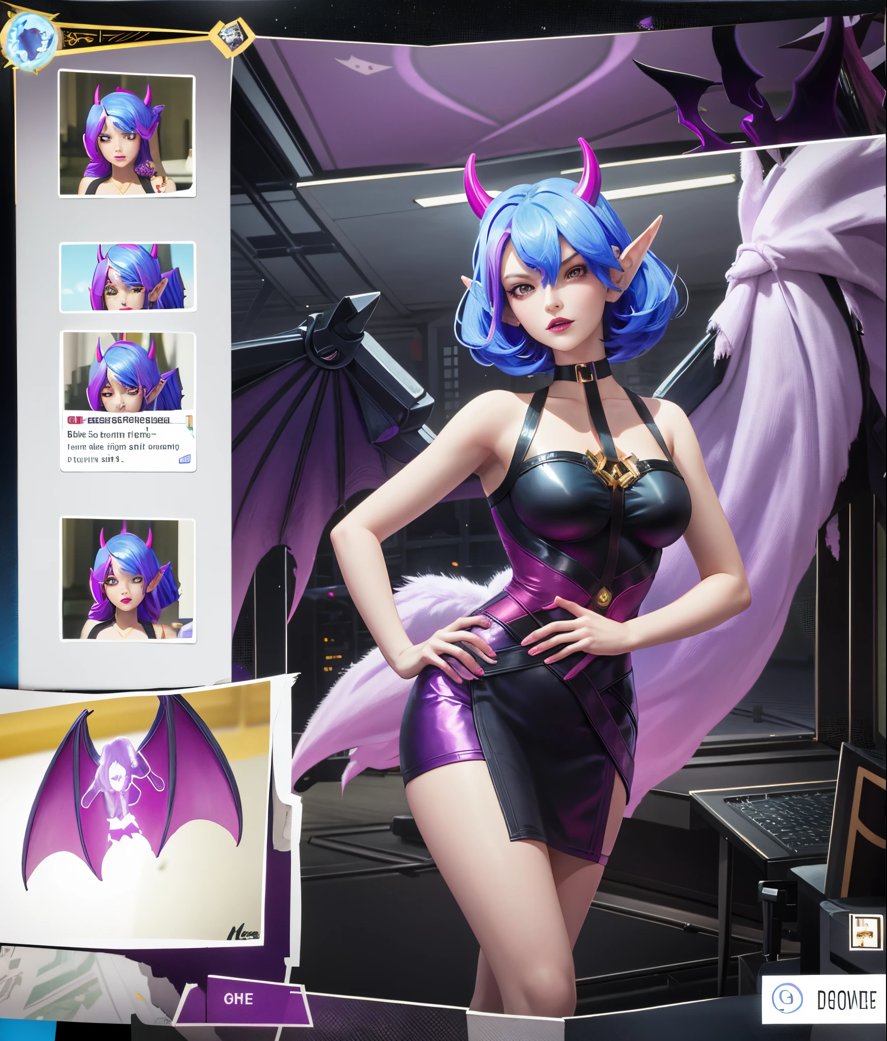 ((big breasts)), wings, 1girl, solo, looking at viewer, short hair, large breasts, gloves, dress, medium breasts, blue hair, tail, purple hair, horns, pointy ears, hand on hip, thigh strap, demon girl, demon horns, demon tail, demon wings [purple hair: blue hair:0.2],  (castle), gloom, darkness, mountains, ghosts, death, purple background, ((glow)), BREAK bat, purple lips, 2 wingasterpiece,best quality:1.5),No clothes, revealing bra and underwear,Purple bikini