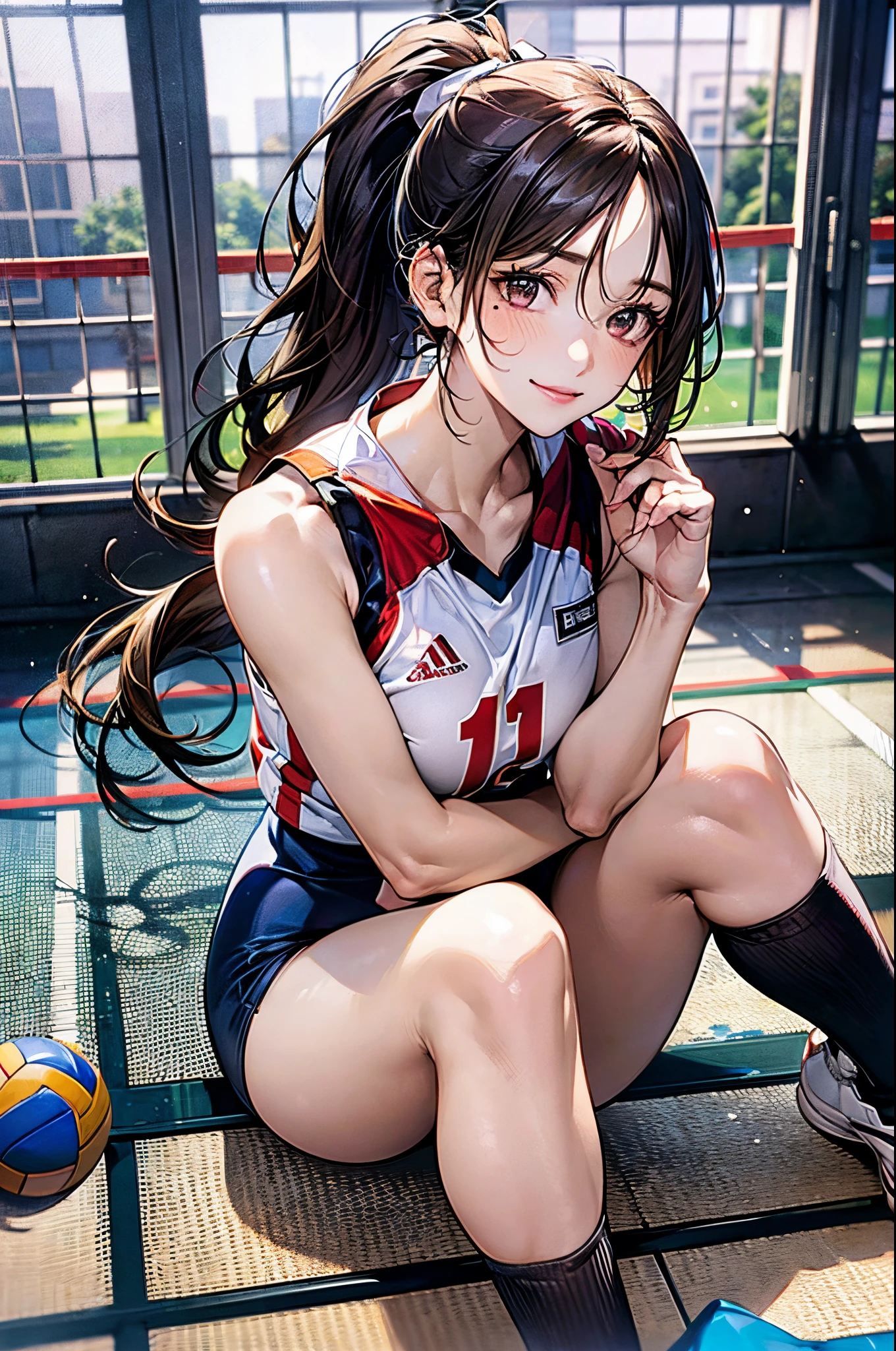 ((((perfect anatomy, super detailed skin)))), 1 girl, japanese, , volleyball player, shiny skin, watching the view, 
beautiful hair, beautiful face, beautiful detailed eyes, brown eyeiddle hair:1.4, ponytail:1.5), 
beautiful collarbones, beautiful body, Beautiful breasts, beautiful thighs, beautiful legs, babyface, monder eye, large breasts:0.5, seductive thighs, cameltoe, 
((symmetrical clothinetallic, sleeveless, volleyball uniform)), 
smile:1.5, one knee, sitting floor, spread leg, 
(beautiful scenery), morning, ((gymnasium), stadiam), 
(8k, top-quality, masterpiece​:1.2, extremely detailed), (photorealistic:1.4), beautiful illustration, natural lighting,